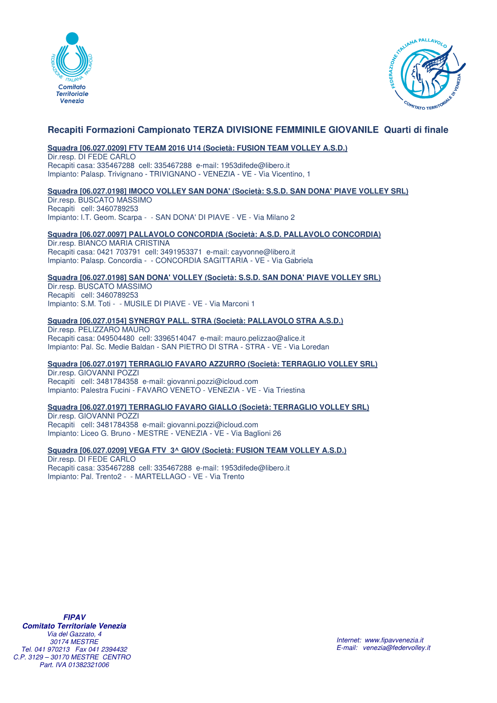Recapiti Formazioni Campionato TERZA DIVISIONE FEMMINILE GIOVANILE Quarti Di Finale