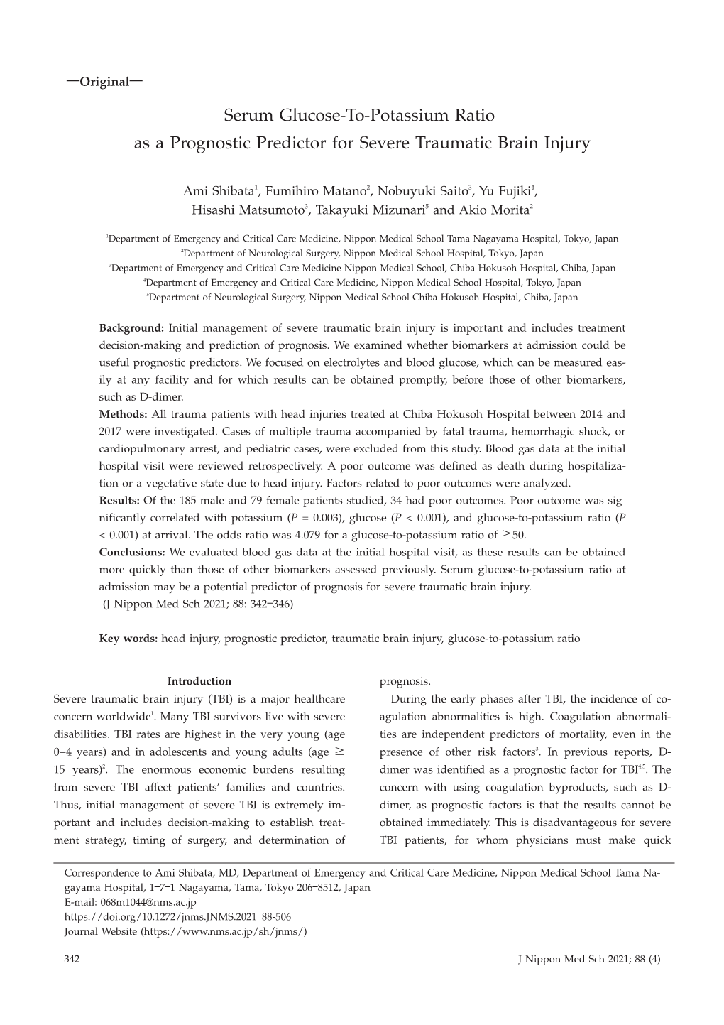 Serum Glucose-To-Potassium Ratio As a Prognostic Predictor for Severe Traumatic Brain Injury