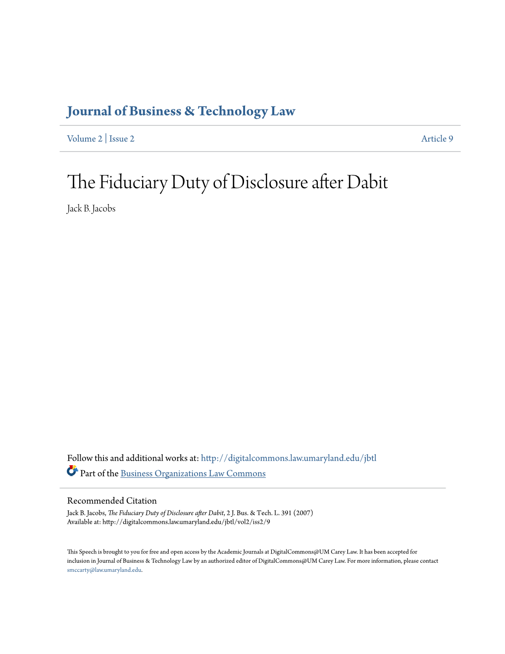 The Fiduciary Duty of Disclosure After Dabit, 2 J