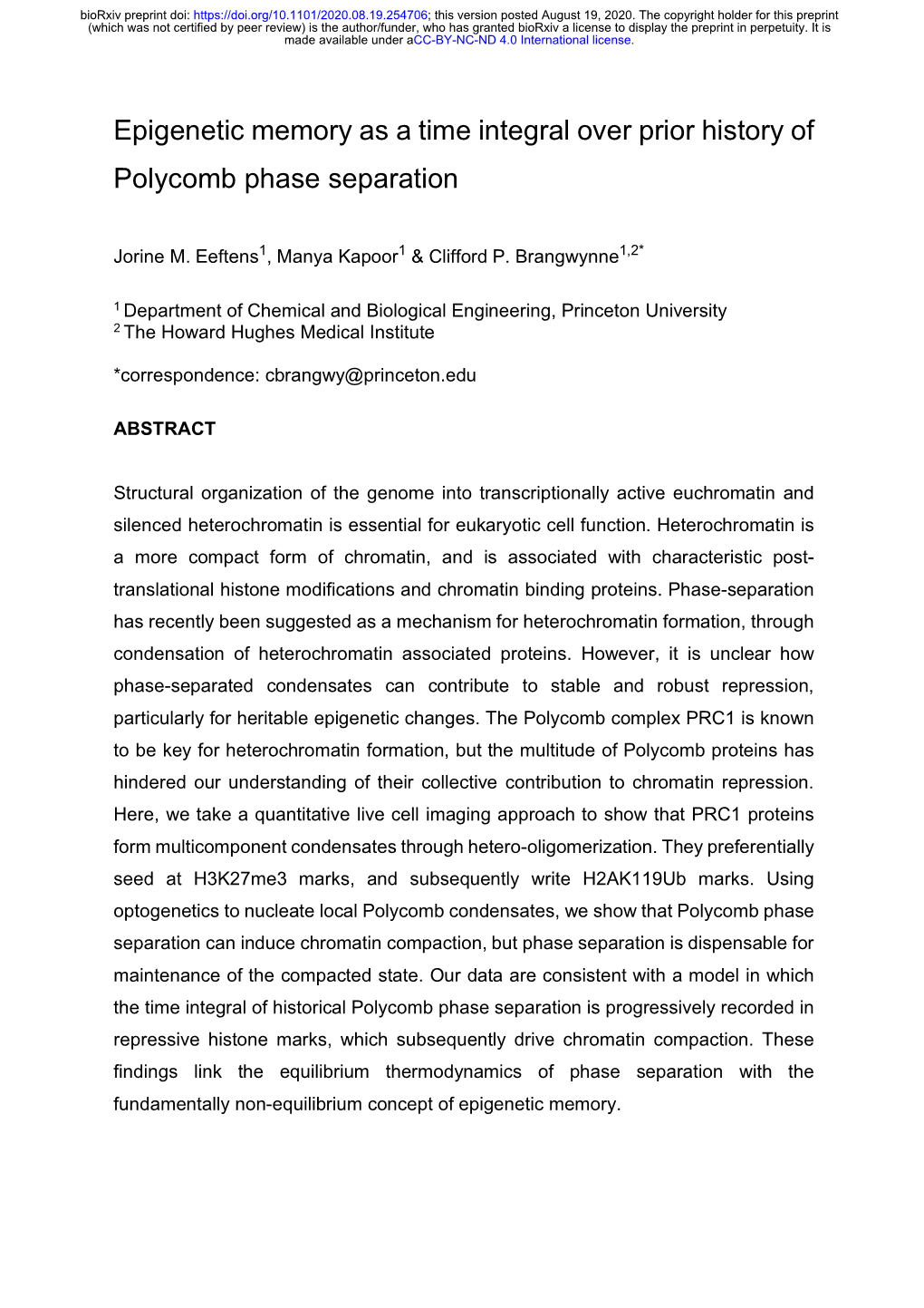 Epigenetic Memory As a Time Integral Over Prior History of Polycomb Phase Separation