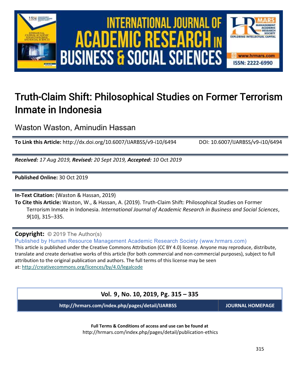 Truth-Claim Shift: Philosophical Studies on Former Terrorism Inmate in Indonesia