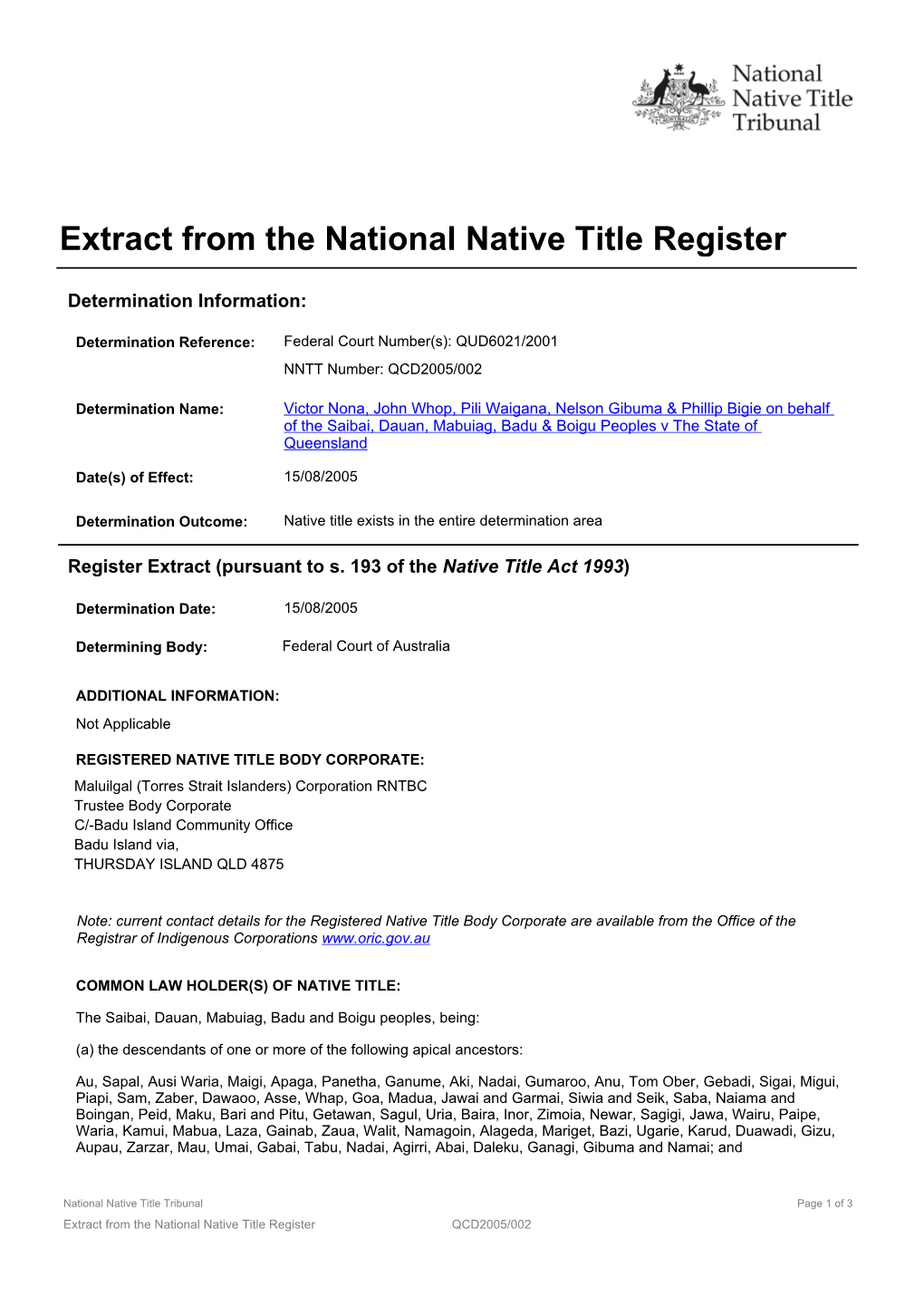 Extract from the National Native Title Register