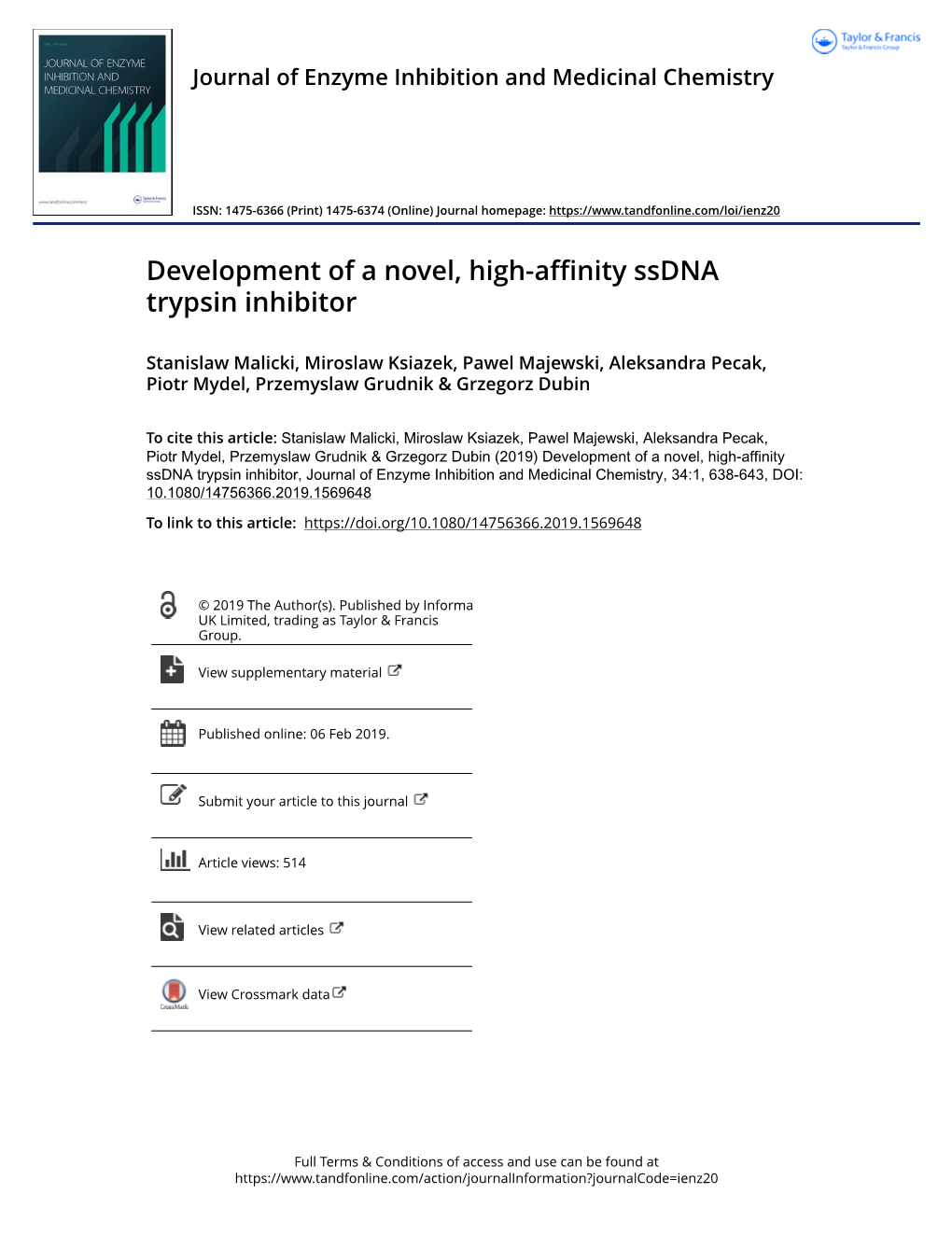 Development of a Novel, High-Affinity Ssdna Trypsin Inhibitor