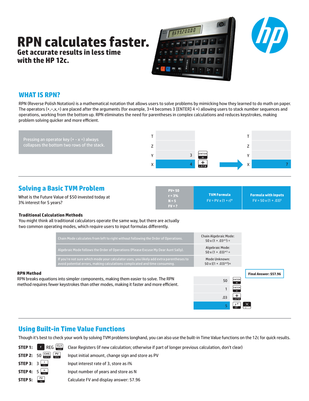 RPN Calculates Faster. Get Accurate Results in Less Time with the HP 12C