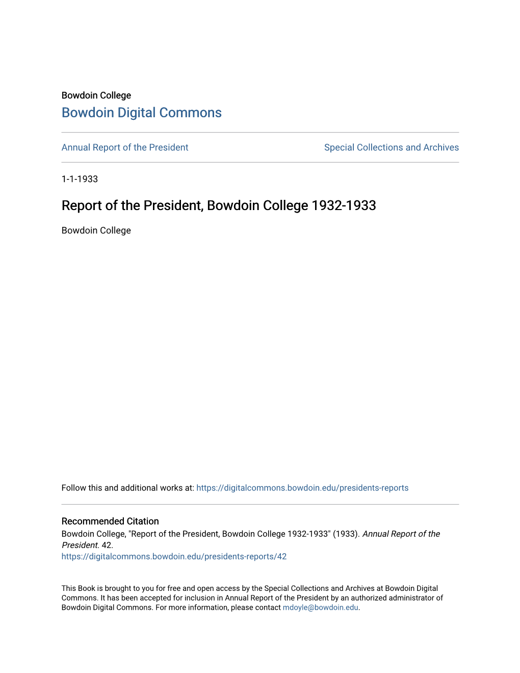 Report of the President, Bowdoin College 1932-1933