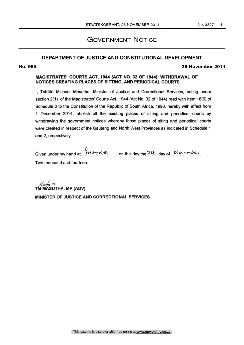 Places of Sitting and Periodical Courts in Gauteng and North West Province