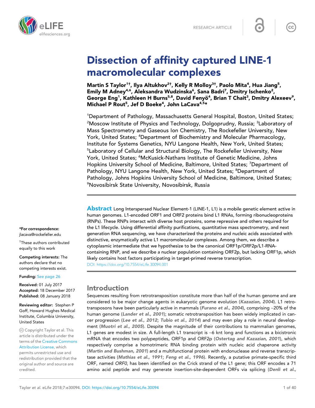 Dissection of Affinity Captured LINE-1 Macromolecular Complexes