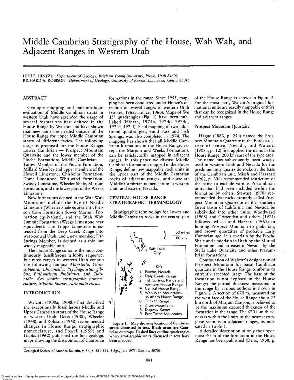 Middle Cambrian Stratigraphy of the House, Wah Wah, and Adjacent Ranges in Western Utah