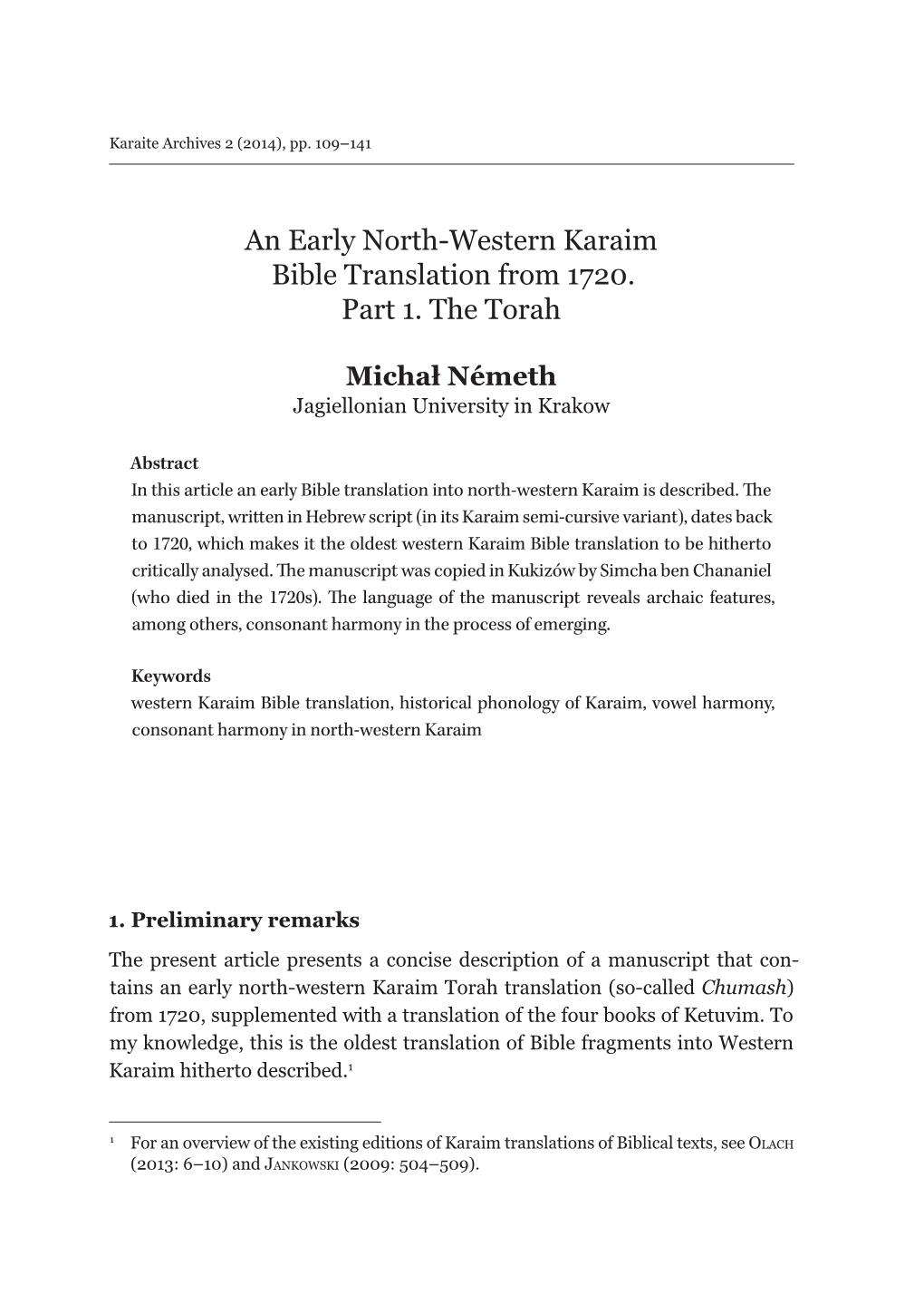 An Early North-Western Karaim Bible Translation from 1720. Part 1. the Torah