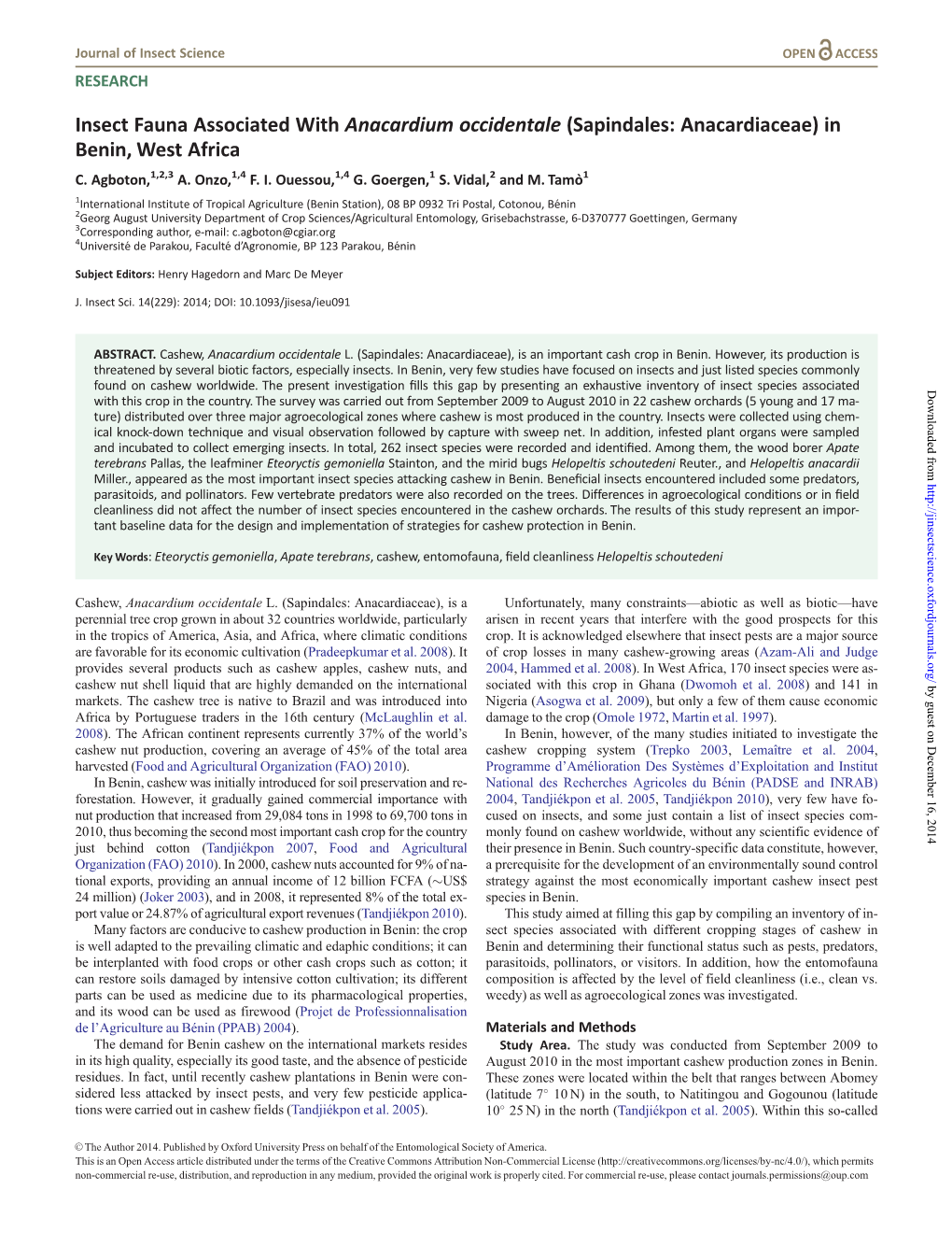 Insect Fauna Associated with Anacardium Occidentale (Sapindales: Anacardiaceae) in Benin, West Africa C