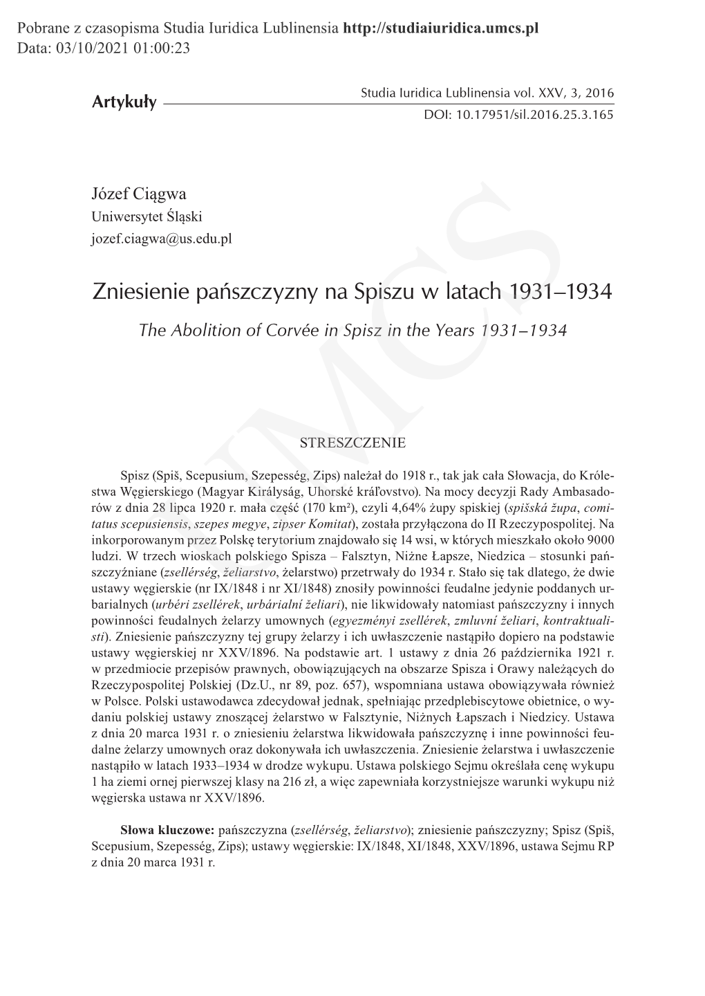 Zniesienie Pańszczyzny Na Spiszu W Latach 1931–1934