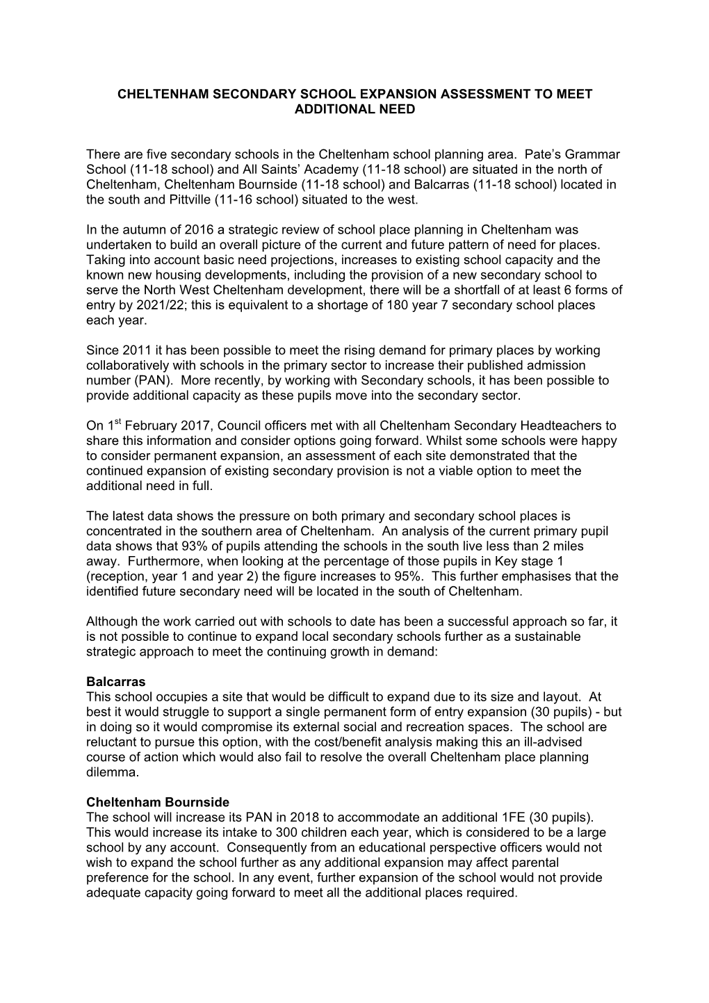 Assessment of Cheltenham Schools