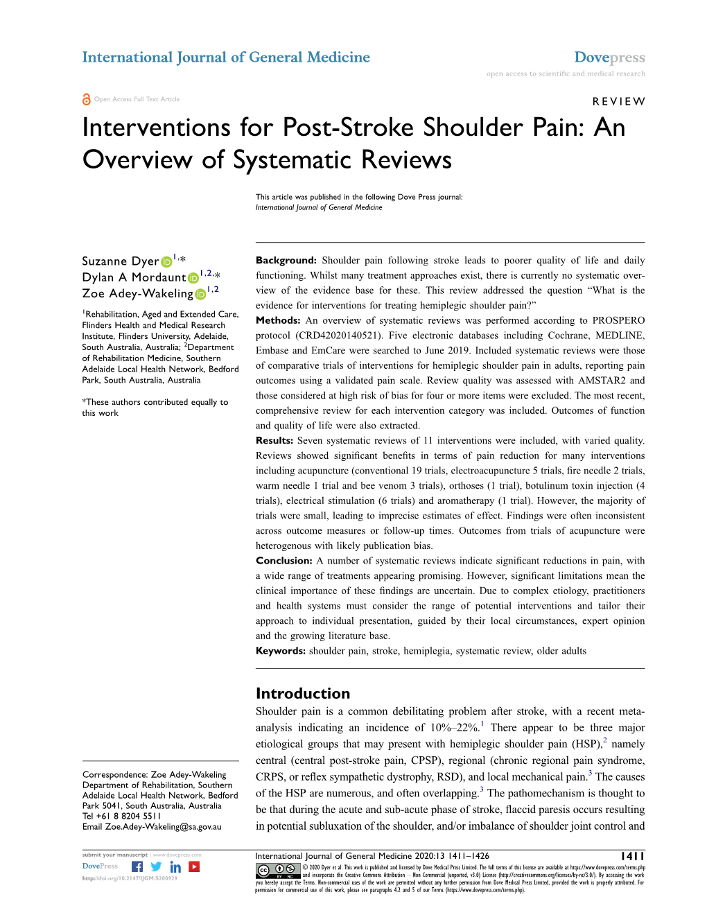 Interventions for Post-Stroke Shoulder Pain: an Overview of Systematic Reviews