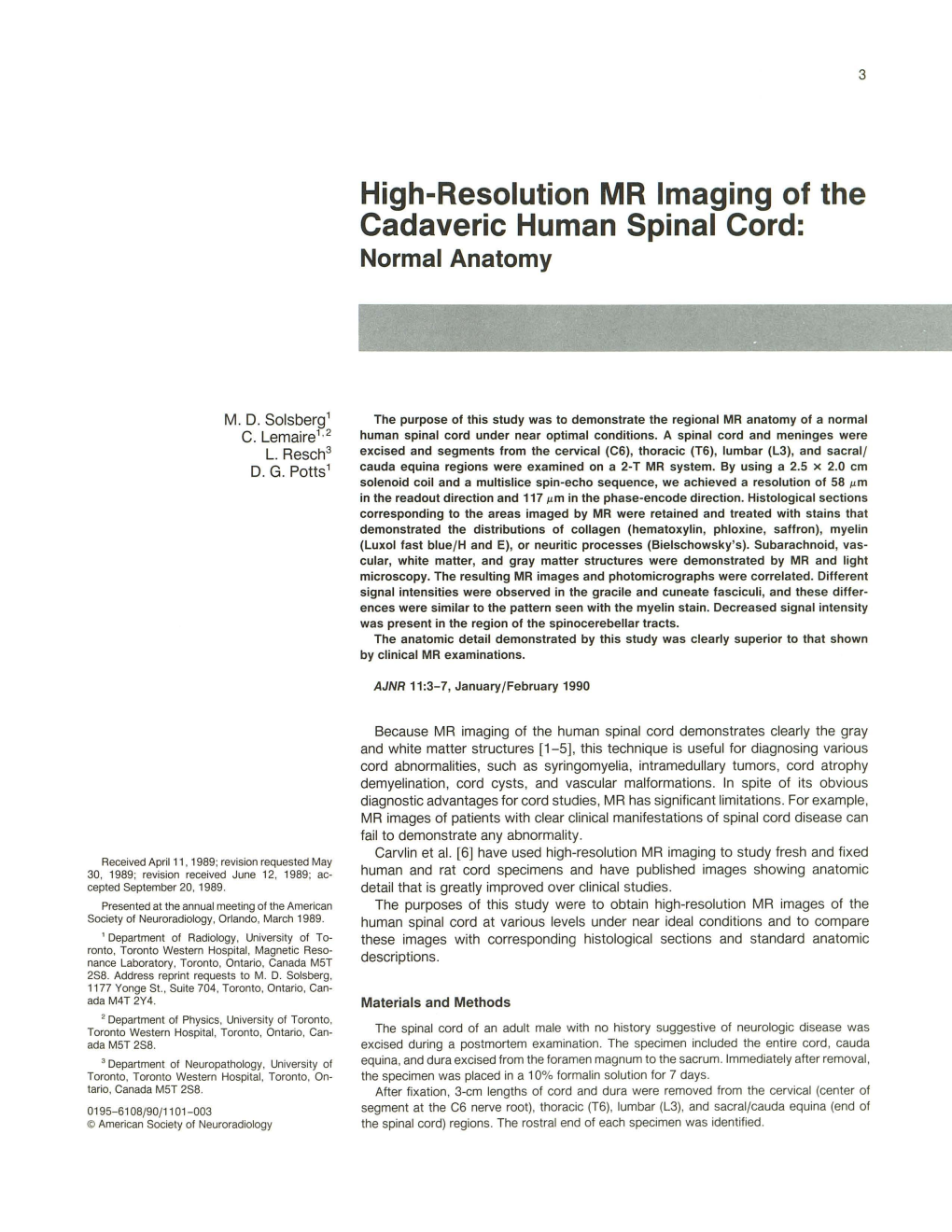 High-Resolution MR Imaging of the Cadaveric Human Spinal Cord: Normal Anatomy