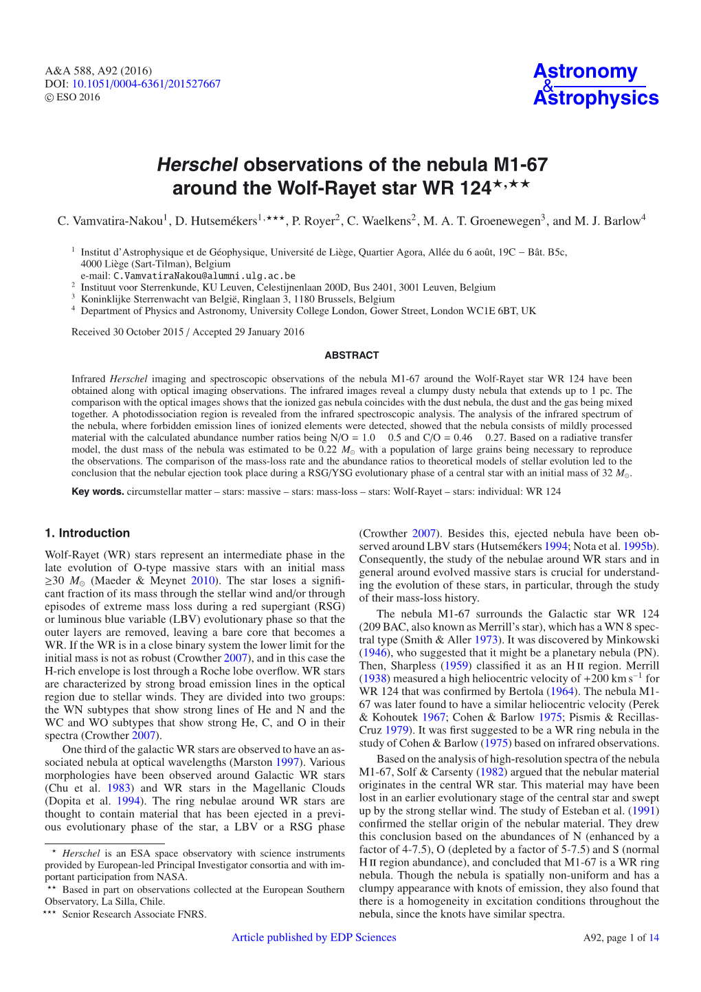 Herschel Observations of the Nebula M1-67 Around the Wolf-Rayet Star WR 124�,