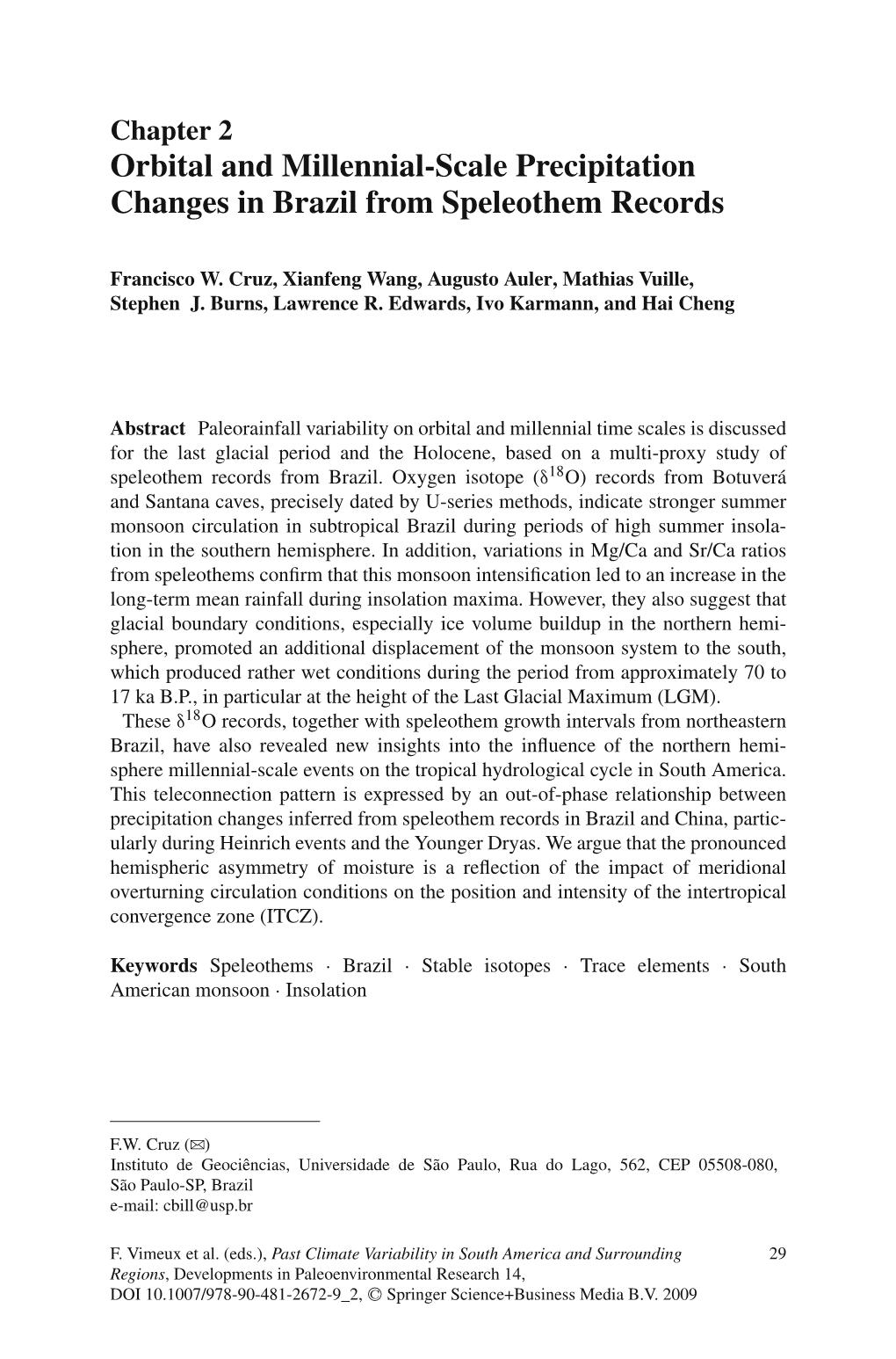 Orbital and Millennial-Scale Precipitation Changes in Brazil from Speleothem Records