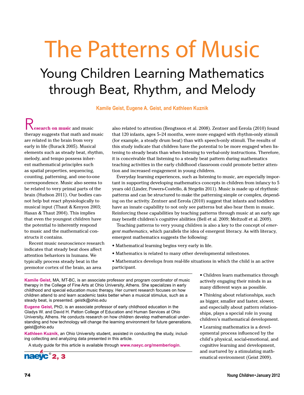 The Patterns of Music Young Children Learning Mathematics Through Beat, Rhythm, and Melody