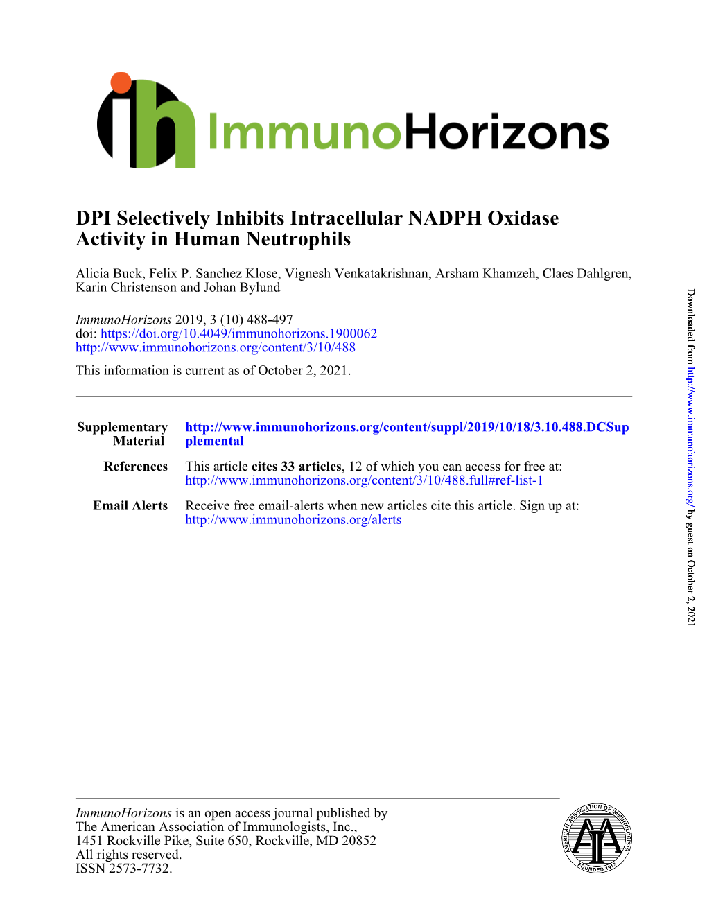 Activity in Human Neutrophils DPI Selectively Inhibits Intracellular