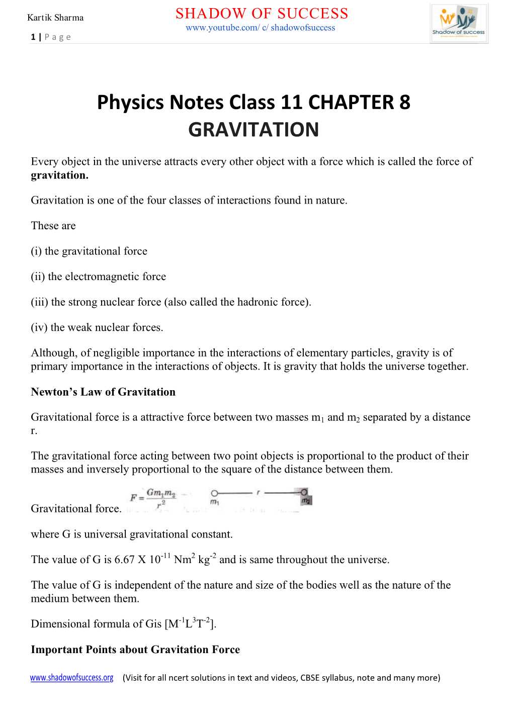 Physics Notes Class 11 CHAPTER 8 GRAVITATION