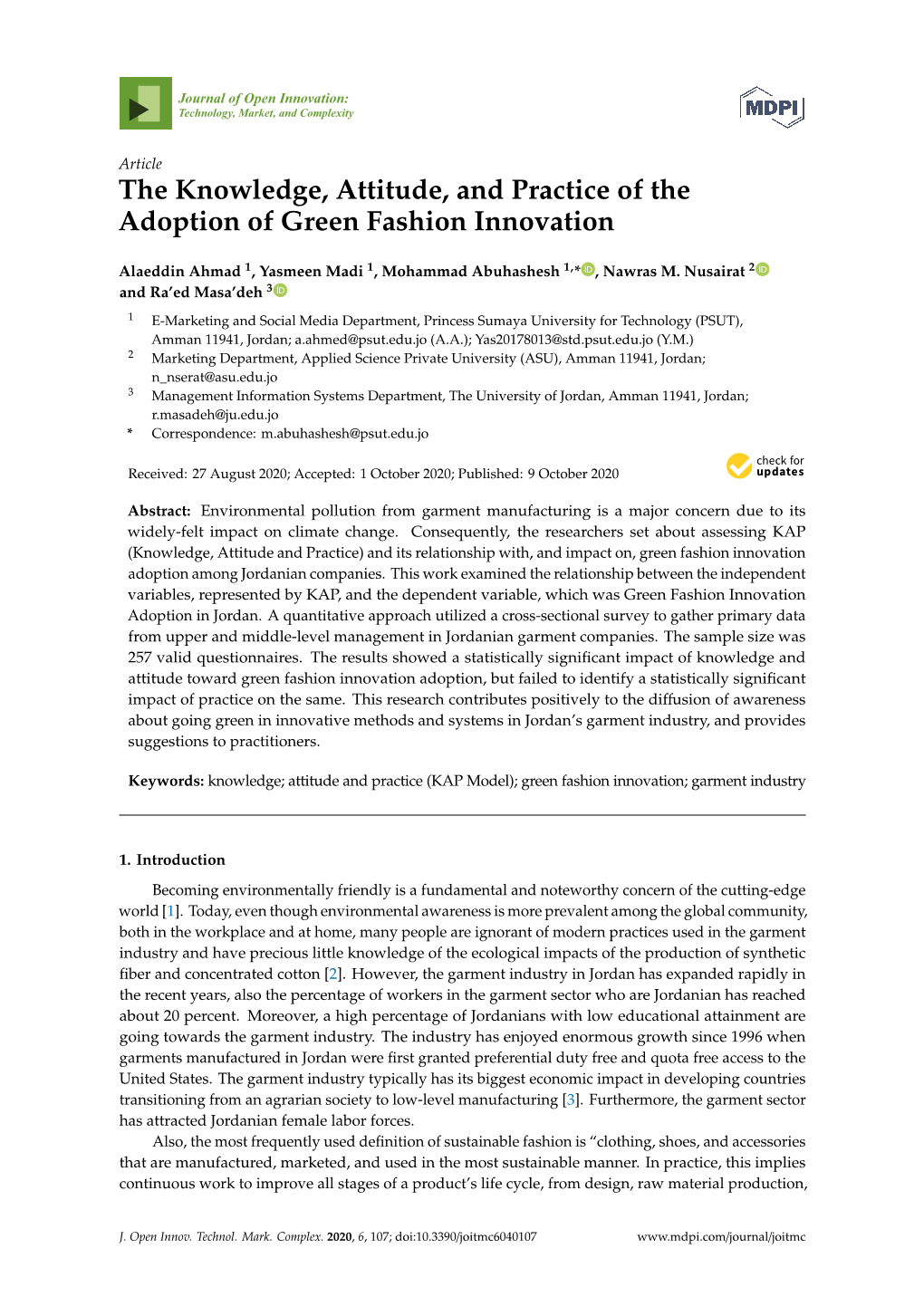 The Knowledge, Attitude, and Practice of the Adoption of Green Fashion Innovation