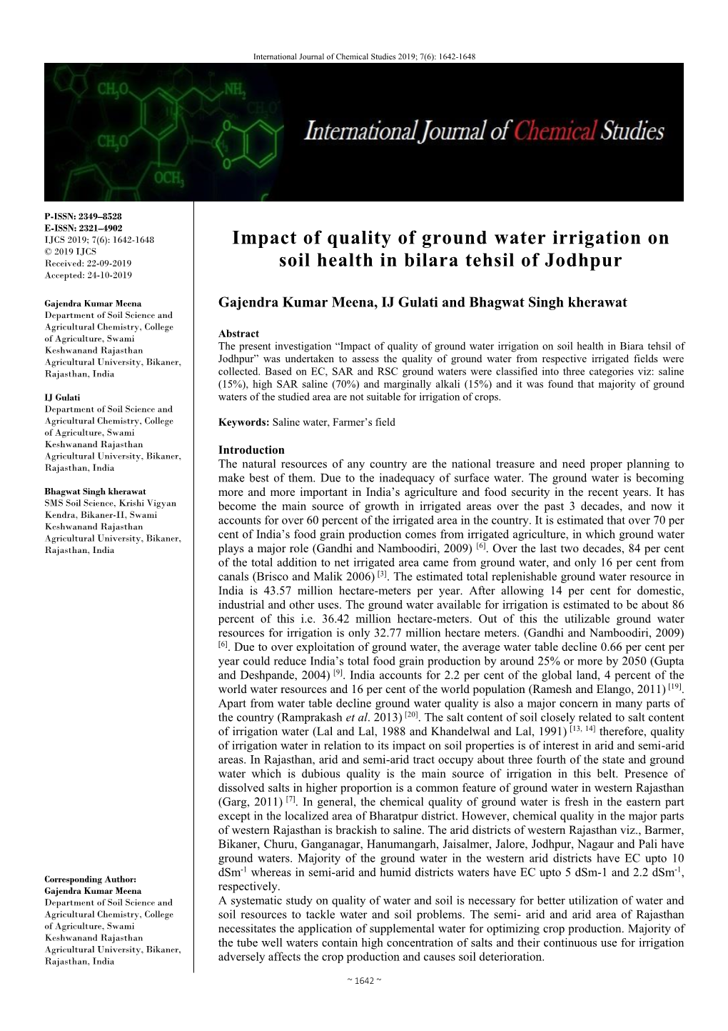 Impact of Quality of Ground Water Irrigation on Soil Health in Bilara