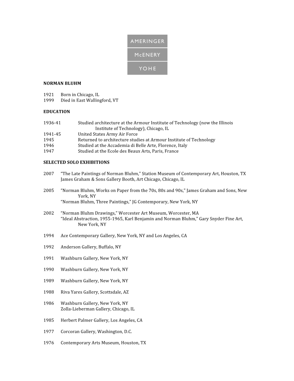 Norman Bluhm Chronology