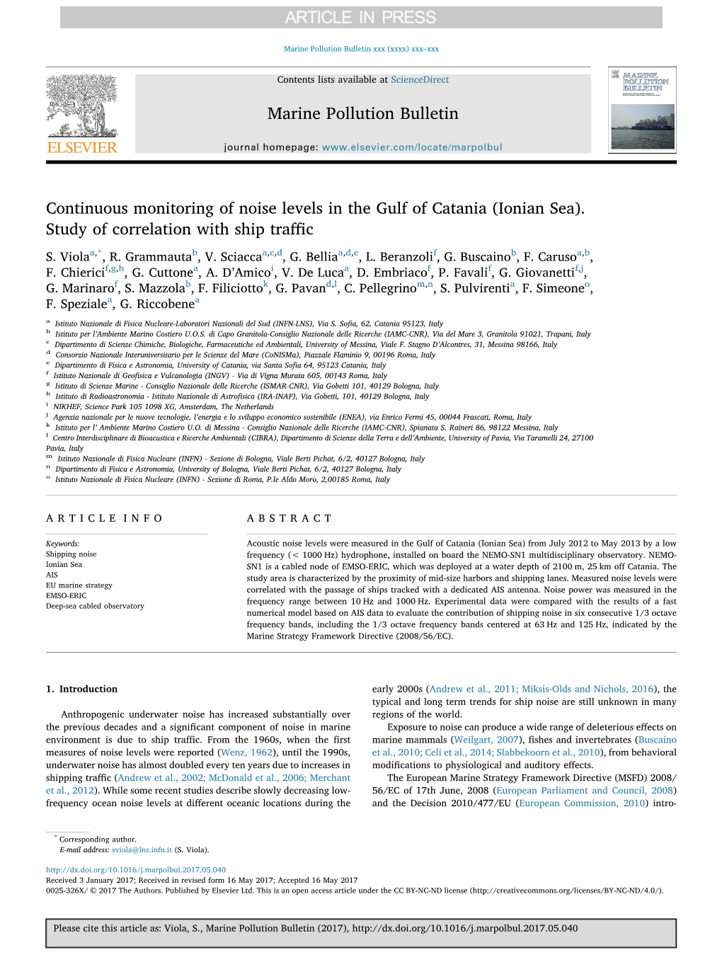 Continuous Monitoring of Noise Levels in the Gulf of Catania (Ionian Sea)