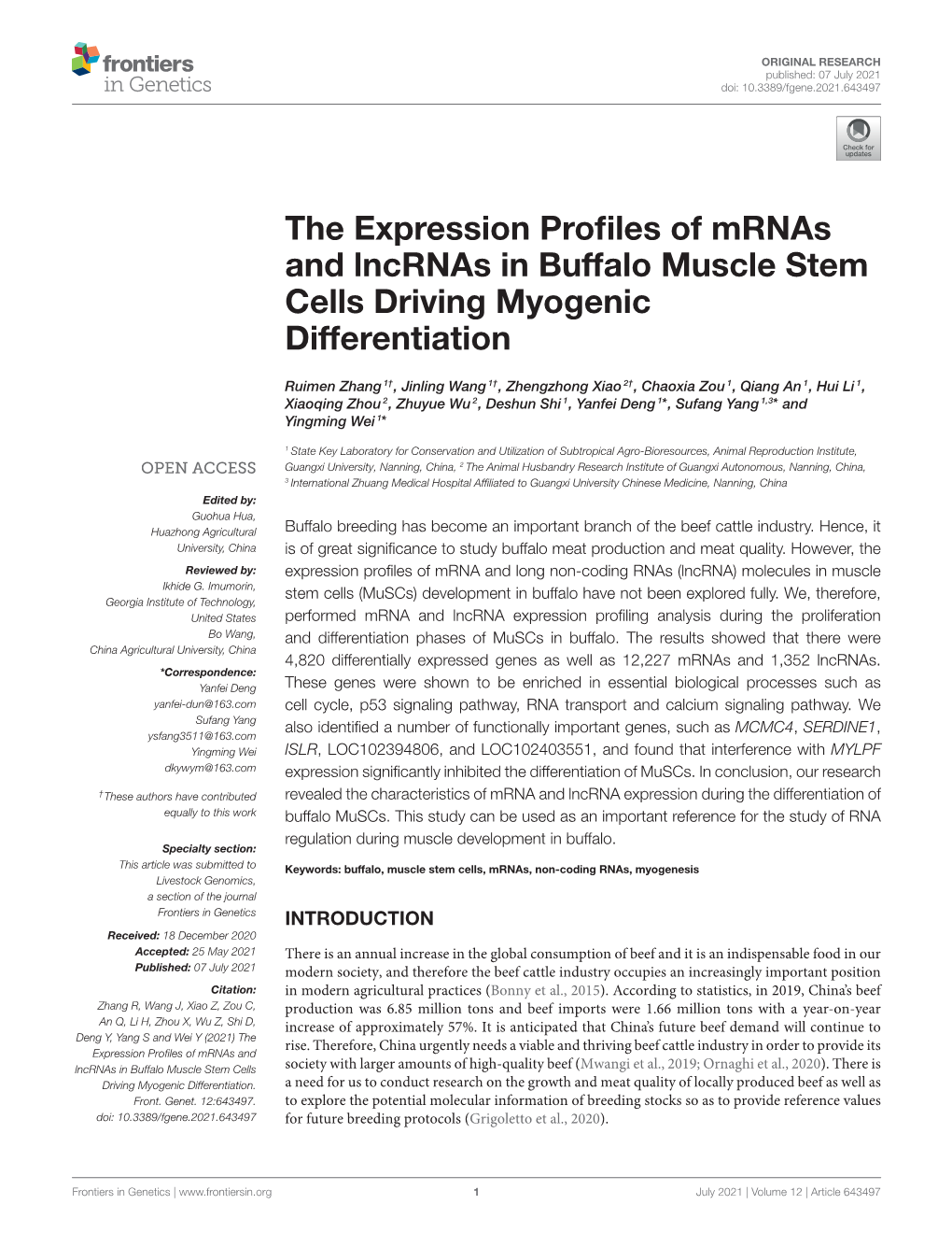 The Expression Profiles of Mrnas and Lncrnas in Buffalo Muscle Stem Cells Driving Myogenic Differentiation