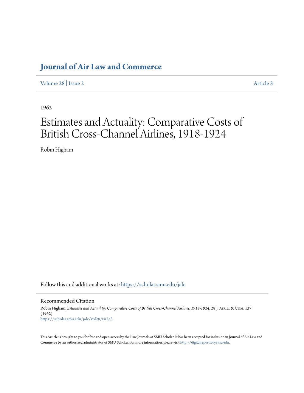 Comparative Costs of British Cross-Channel Airlines, 1918-1924 Robin Higham