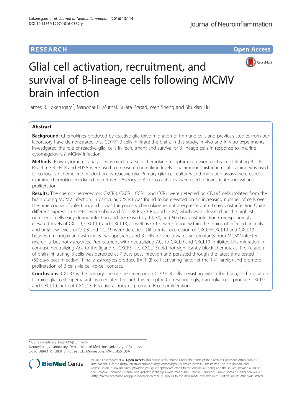 Glial Cell Activation, Recruitment, and Survival of B-Lineage Cells Following MCMV Brain Infection James R