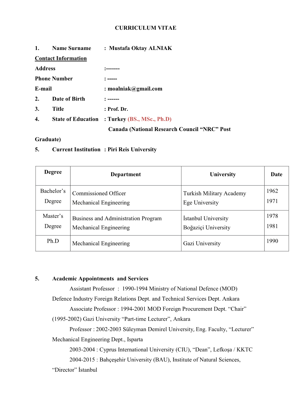 CURRICULUM VITAE 1. Name Surname : Mustafa Oktay ALNIAK Contact Information Address :---Phone Number : ---E-Mail : Mo