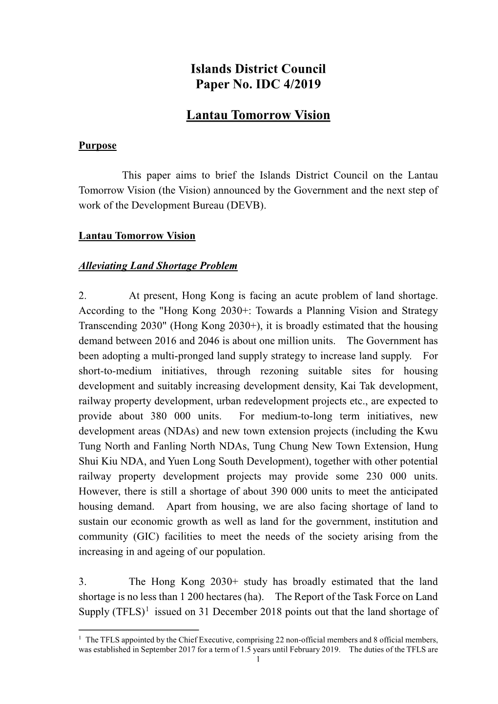 Islands District Council Paper No. IDC 4/2019 Lantau Tomorrow Vision