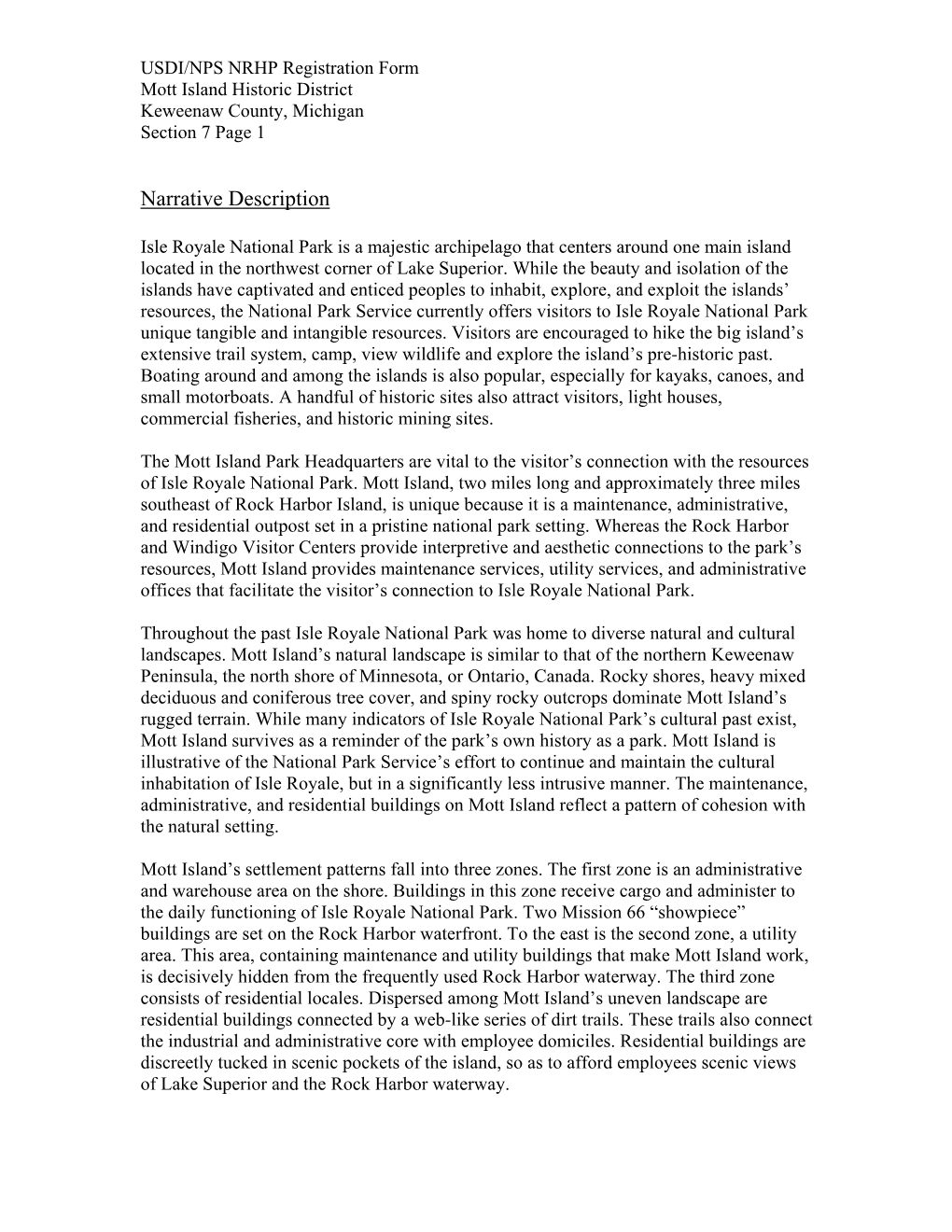 USDI/NPS NRHP Registration Form Mott Island Historic District Keweenaw County, Michigan Section 7 Page 1