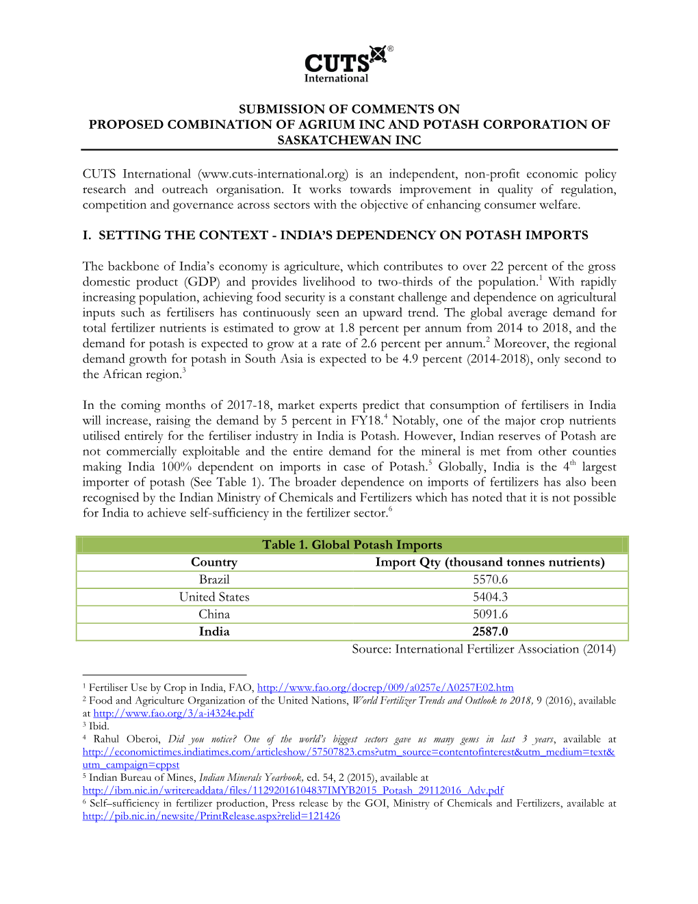 CUTS Comments on Form IV Submitted by The