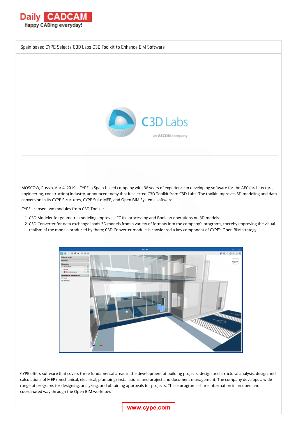 Spain-Based CYPE Selects C3D Labs C3D Toolkit to Enhance BIM Software