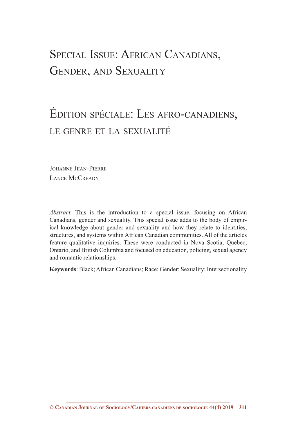 Special Issue: African Canadians, Gender, and Sexuality Édition Spéciale