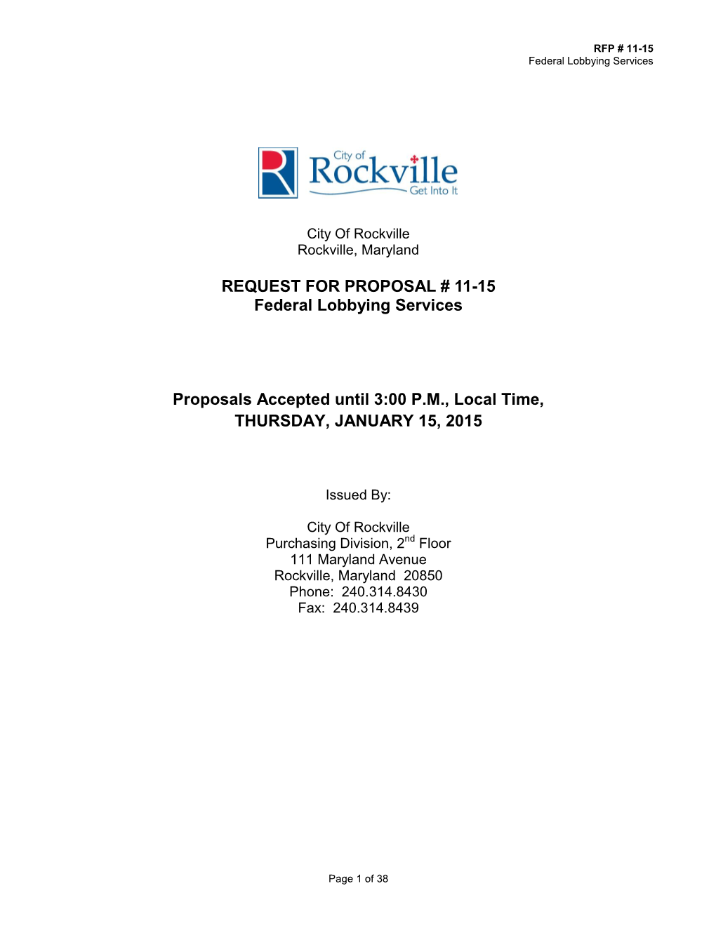 REQUEST for PROPOSAL # 11-15 Federal Lobbying Services