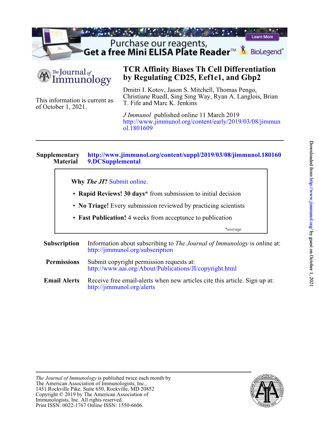 TCR Affinity Biases Th Cell Differentiation by Regulating CD25, Eef1e1, and Gbp2 Dmitri I