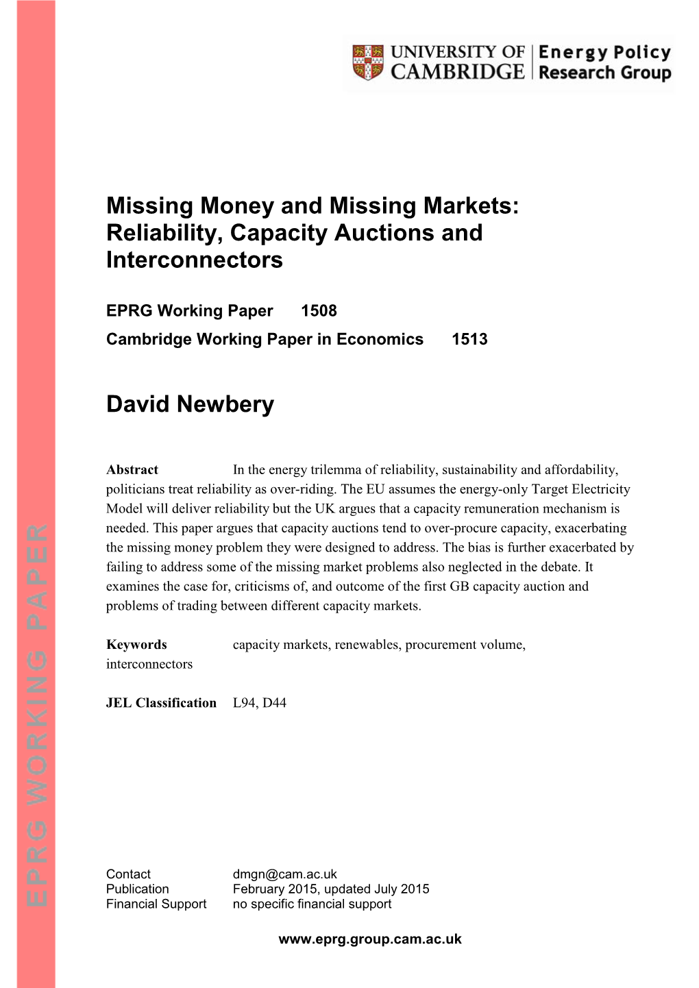 Missing Money and Missing Markets: Reliability, Capacity Auctions and Interconnectors