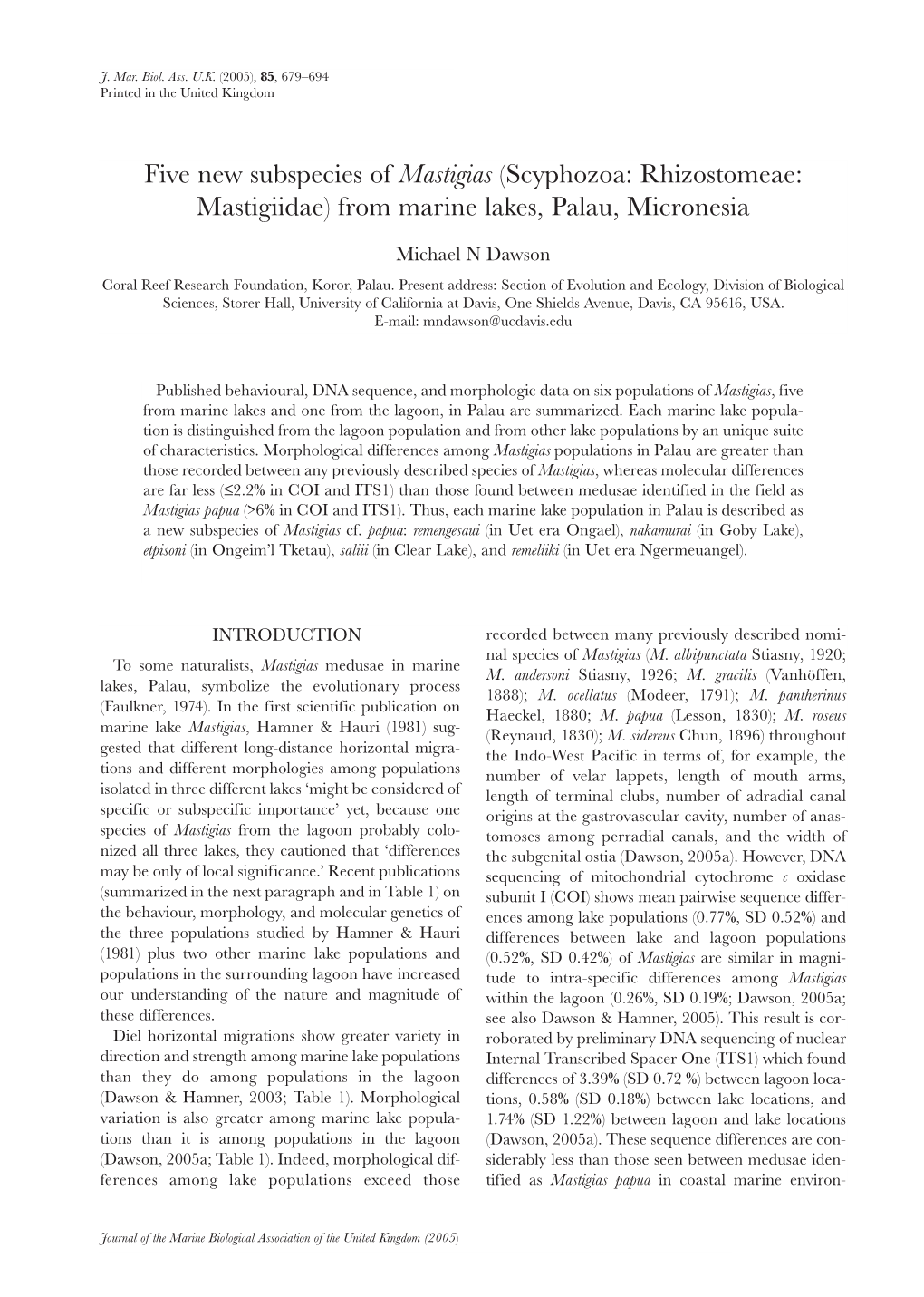 Five New Subspecies of Mastigias (Scyphozoa: Rhizostomeae: Mastigiidae) from Marine Lakes, Palau, Micronesia