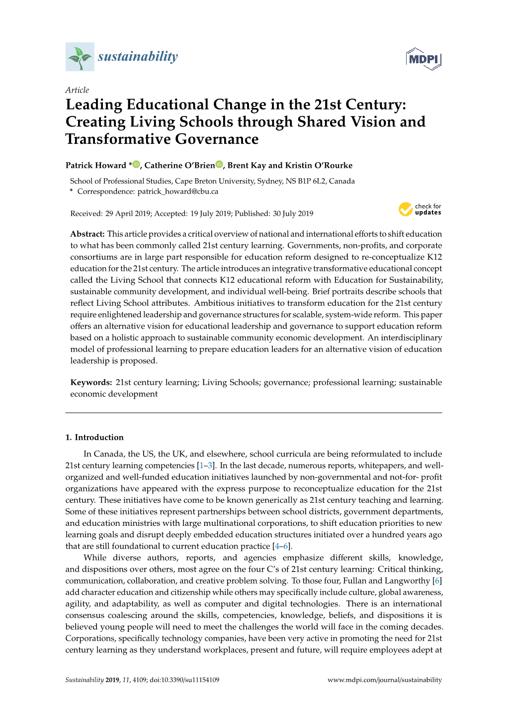 Leading Educational Change in the 21St Century: Creating Living Schools Through Shared Vision and Transformative Governance