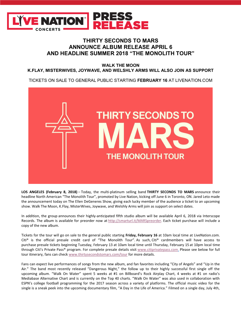 Thirty Seconds to Mars Announce Album Release April 6 and Headline Summer 2018 “The Monolith Tour”