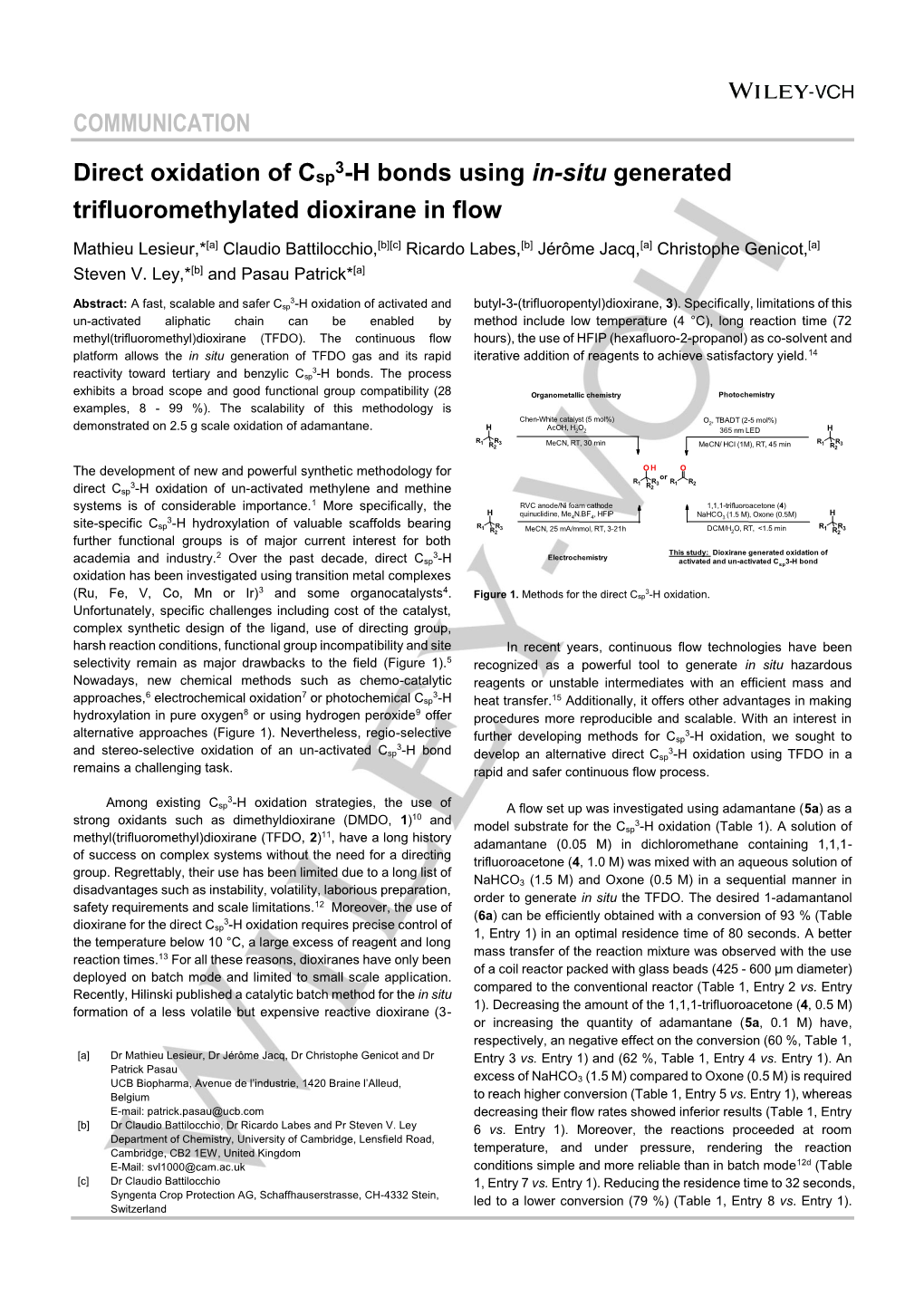 COMMUNICATION Direct Oxidation of Csp 3-H Bonds Using In-Situ Generated Trifluoromethylated Dioxirane in Flow