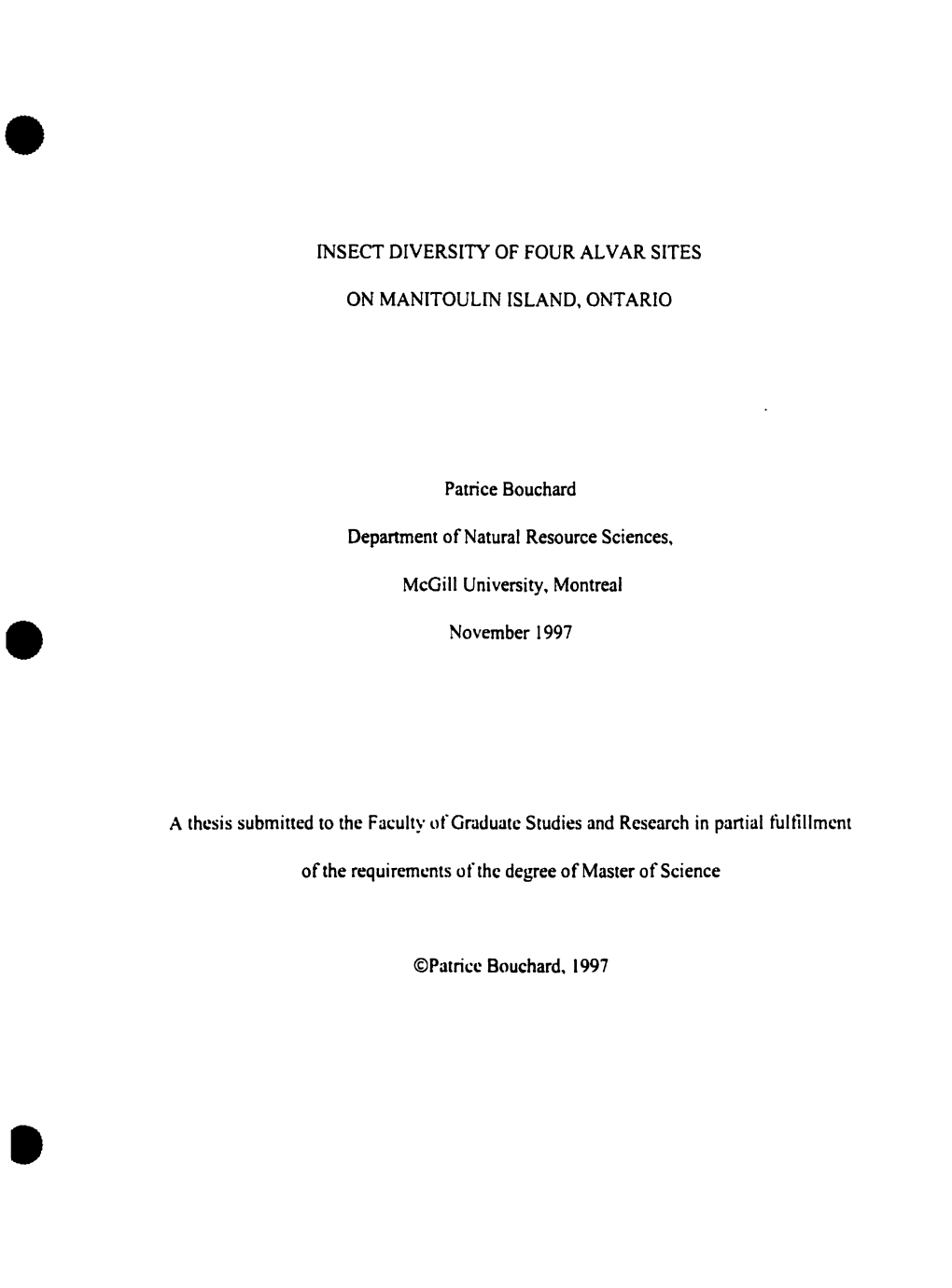 INSECT DIVERSITY of Four ALVAR SITES on MANITOULIN ISLAND