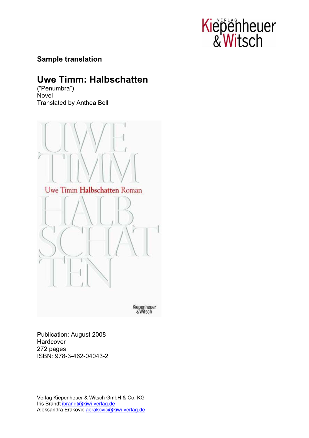 Uwe Timm: Halbschatten (“Penumbra”) Novel Translated by Anthea Bell