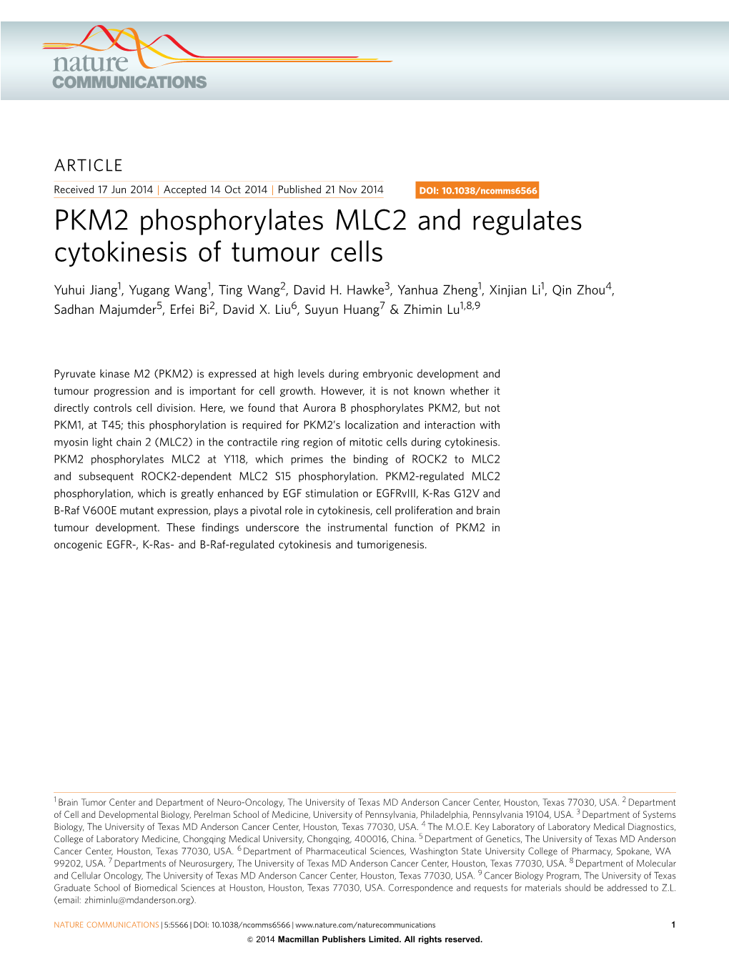 PKM2 Phosphorylates MLC2 and Regulates Cytokinesis of Tumour Cells
