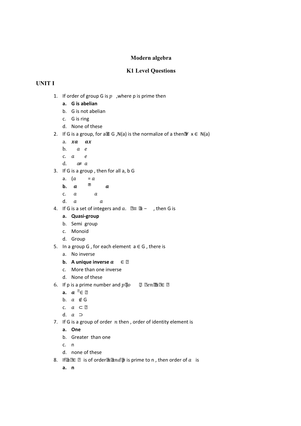 Modern Algebra K1 Level Questions UNIT I