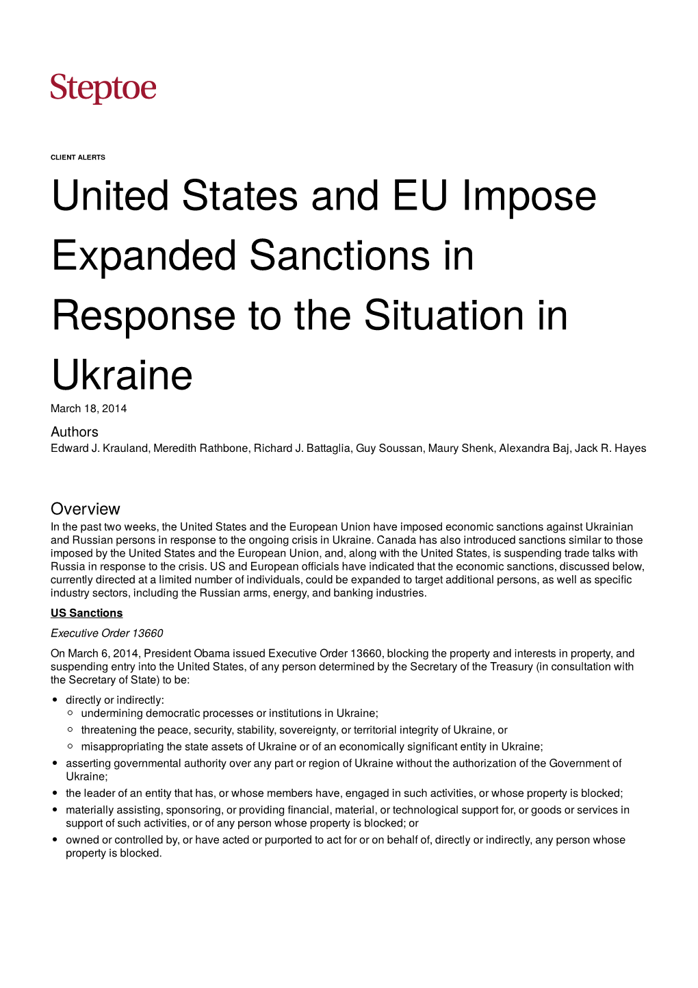 United States and EU Impose Expanded Sanctions in Response to the Situation in Ukraine