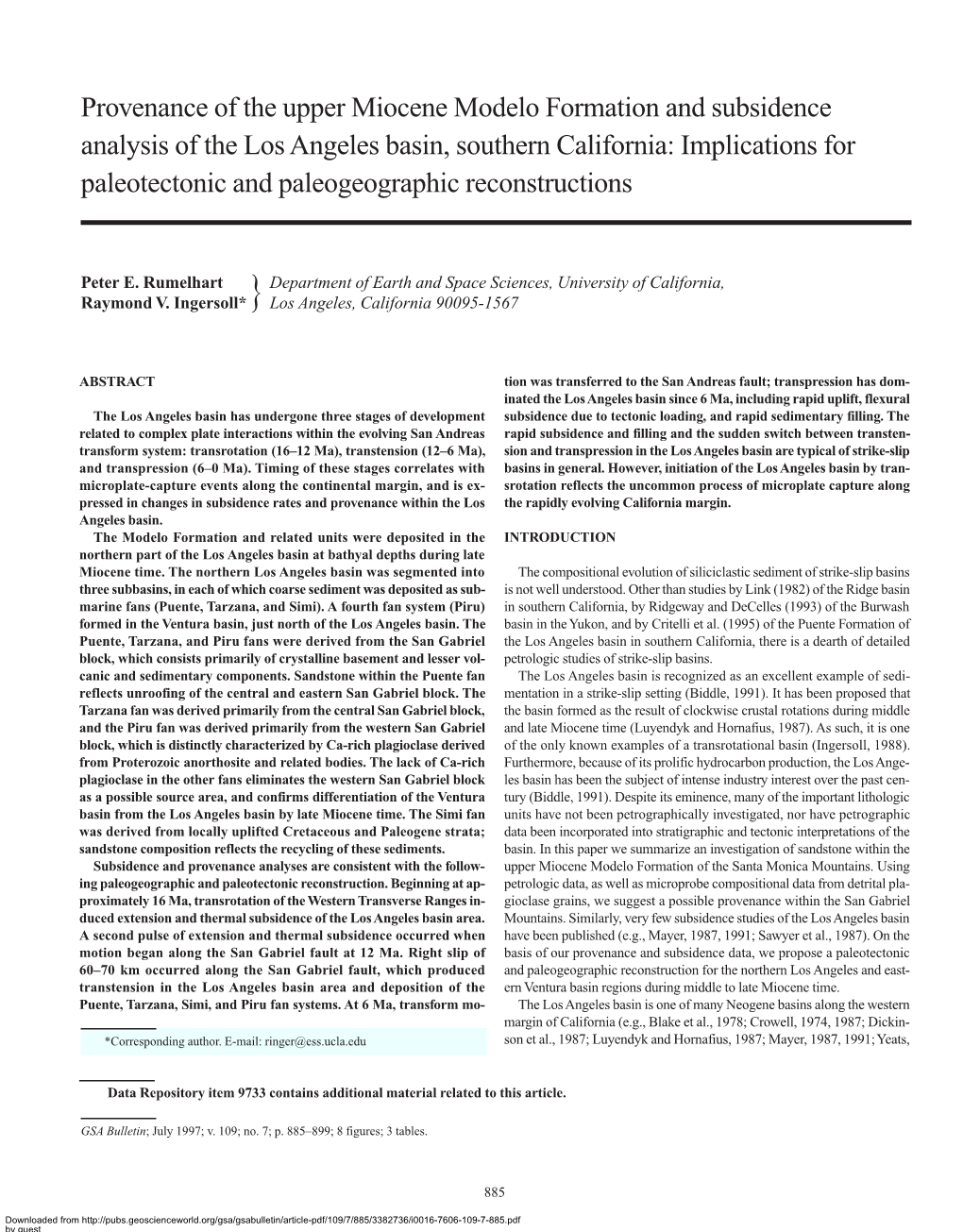 Provenance of the Upper Miocene Modelo Formation and Subsidence