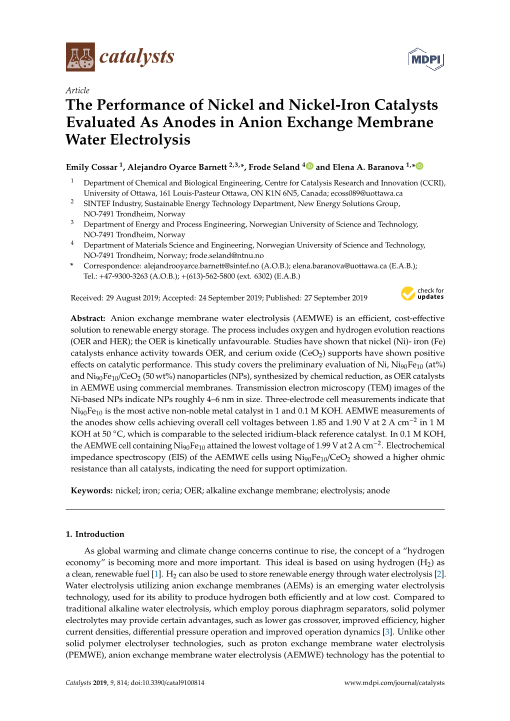 The Performance of Nickel and Nickel-Iron Catalysts Evaluated As Anodes in Anion Exchange Membrane Water Electrolysis